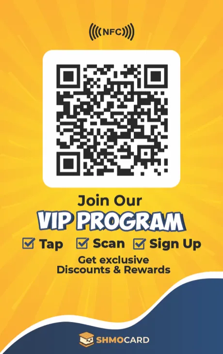 Back of the badge with a VIP program QR code, tap, scan, sign up