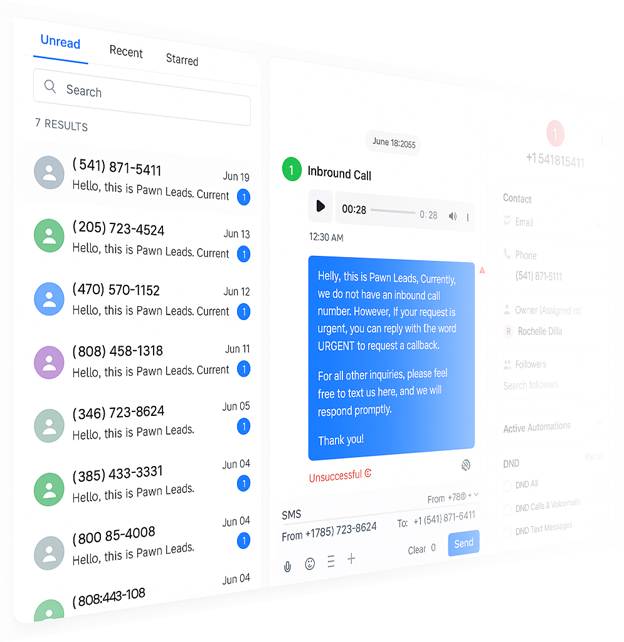 Shmello Conversation Hub: an unread inbox of seven customer threads beside an inbound call conversation with an automatic text reply