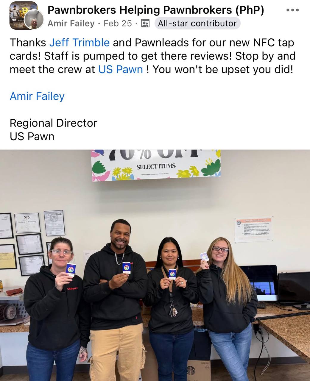 Facebook praise from Amir Failey of US Pawn