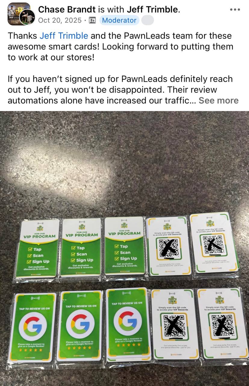 Facebook post from Chase Brandt with a photo of VIP and review smart cards