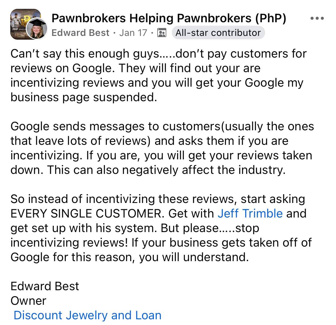 Facebook praise from Edward Best about Google results