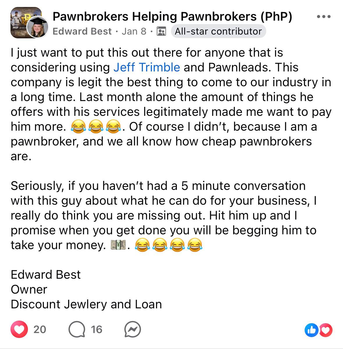 Facebook praise from Edward Best