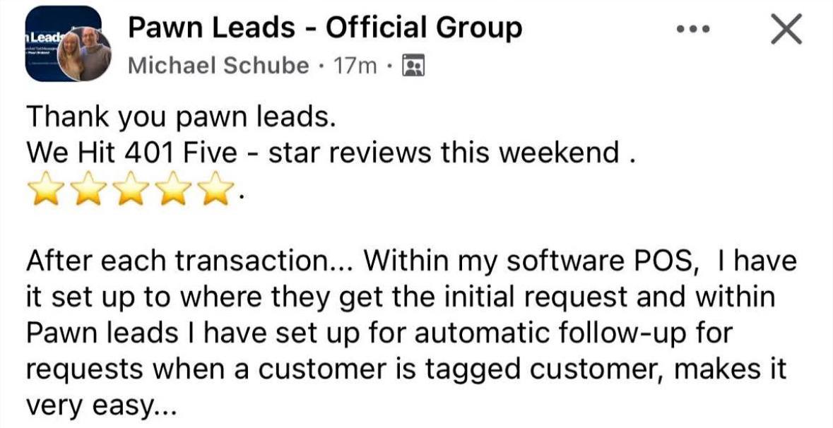 Facebook post from Michael Schube: we hit 401 five-star reviews this weekend